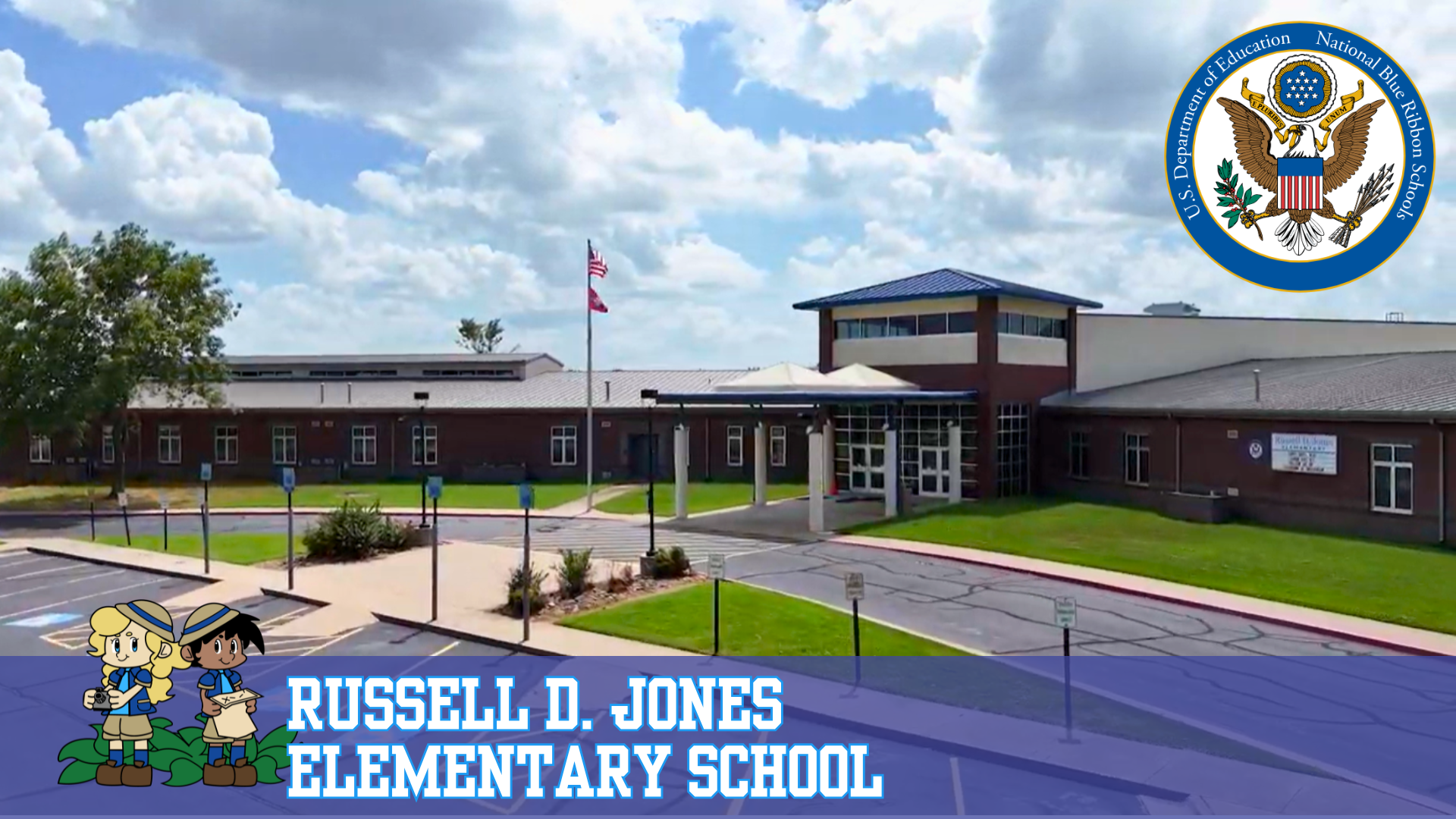 Exterior view of Russell D. Jones Elementary School with their logo in the left corner and the US Department of Education National Blue Ribbon Schools seal in the top, right corner.